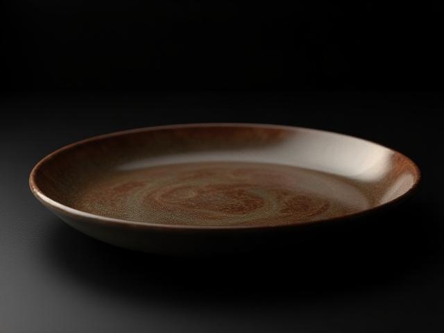 Ein glänzender Keramikteller, detailliert gerendert, mit perfekten Lichtreflexionen auf einer dunklen Oberfläche.